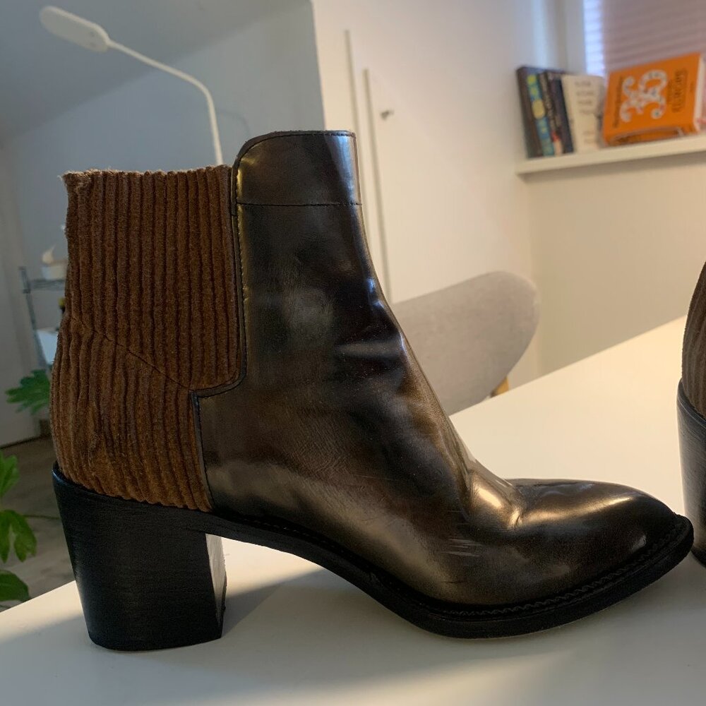 Copper Patent Leather and Corduroy Chunky Heel Boots